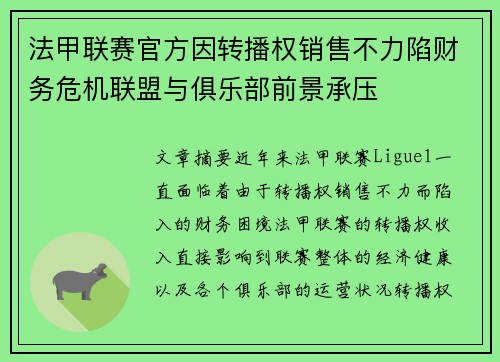 法甲联赛官方因转播权销售不力陷财务危机联盟与俱乐部前景承压