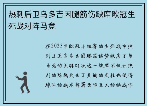 热刺后卫乌多吉因腿筋伤缺席欧冠生死战对阵马竞