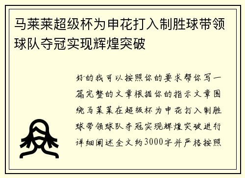 马莱莱超级杯为申花打入制胜球带领球队夺冠实现辉煌突破
