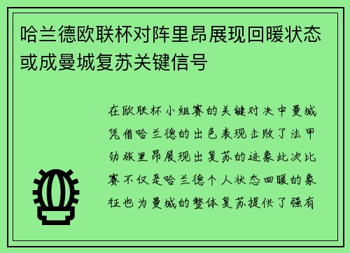 哈兰德欧联杯对阵里昂展现回暖状态或成曼城复苏关键信号 哈兰德欧联杯对阵里昂展现回暖状态或成曼城复苏关键信号